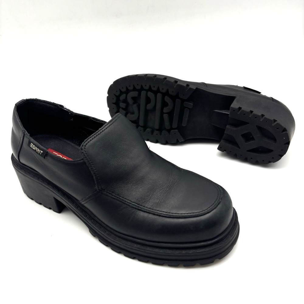 Vintage 90s Y2K ESPRIT Broadway Black Leather Slip-On Chunky Block Heel Loafer 8
